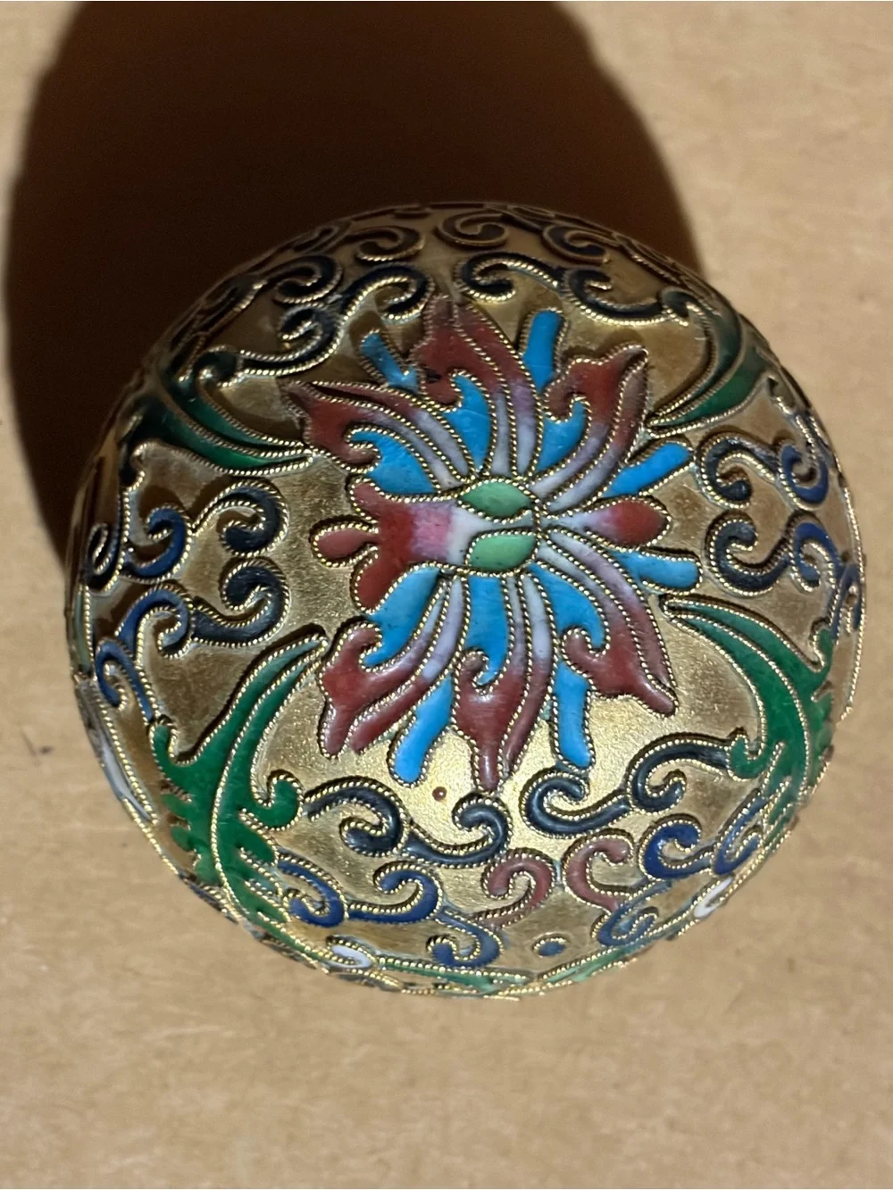 Vintage Chinese Cloisonné Ornate Gold Tone Metal & Enamel paperweight sphere